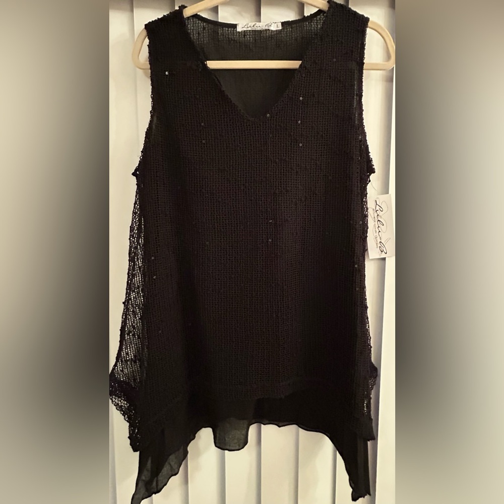 NWT Lulu B Women’s Sz Large Mesh Net Knit Crocheted Black Sequin Top
